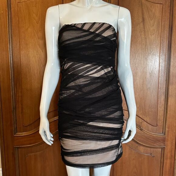 TULLE Strapless Dress Black Mesh Pink Lining Size M Party Wedding Night Out - Picture 2 of 13
